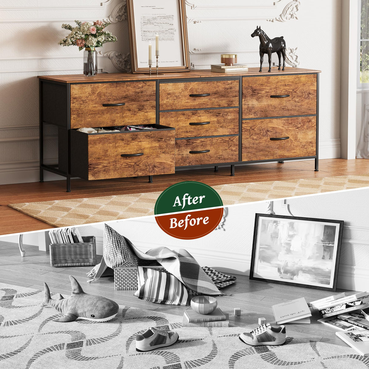 Huuger Dresser for Bedroom, 63 Inch TV Stand for 55, 65, 70 Inch TV, Long Fabric Dresser with 7 Drawers, Chest of Drawers for Storage, Closet, Clothing, Rustic Brown Huuger