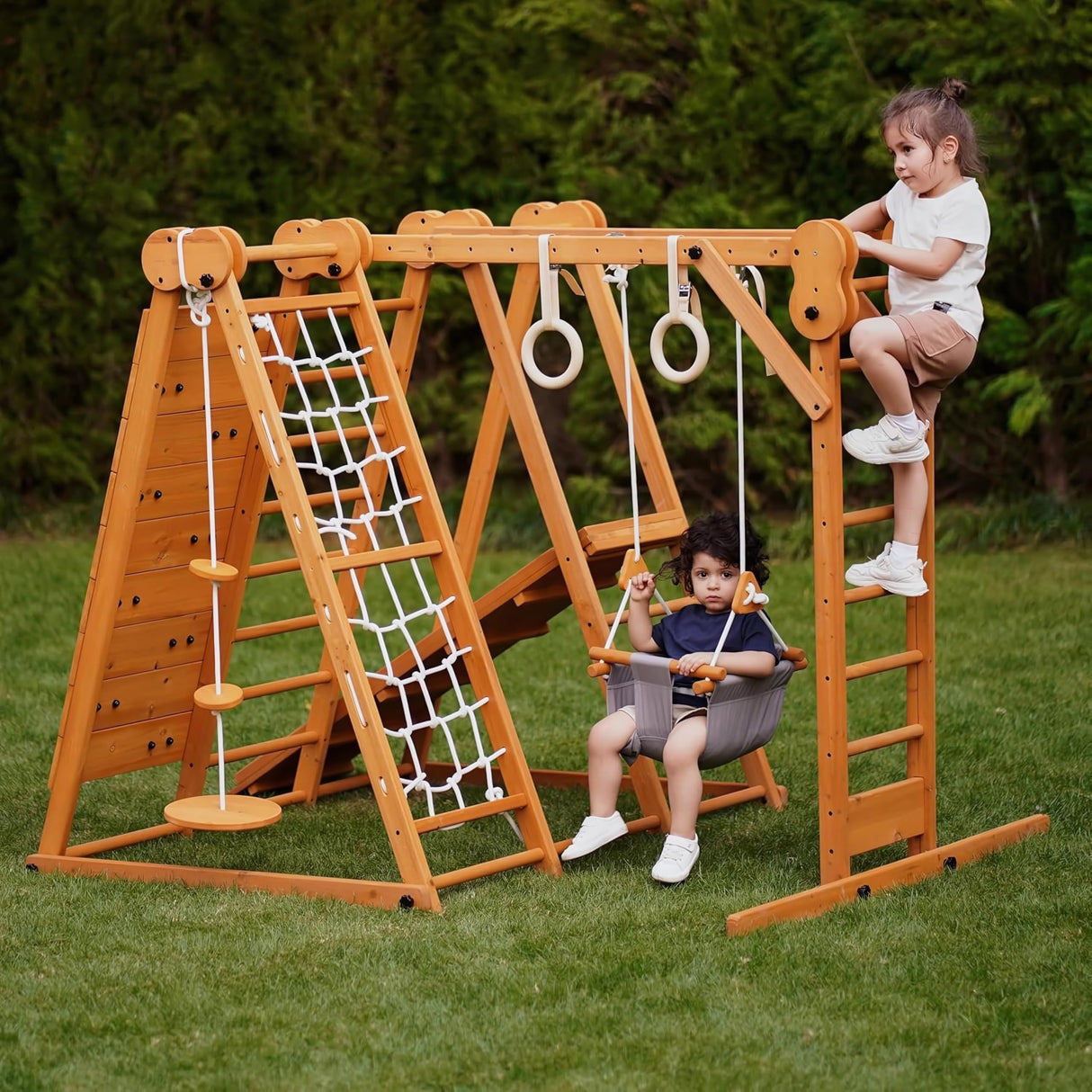 Avenlur 8-in-1 Small Indoor/Outdoor Playset – Foldable Wooden Kids Play Set for Backyard – Kid Playground for Toddlers Age 2–6 with Slide, Monkey Bars, 2 Ladders, 2 Swings, Rock Climbing, Gym Rings Avenlur