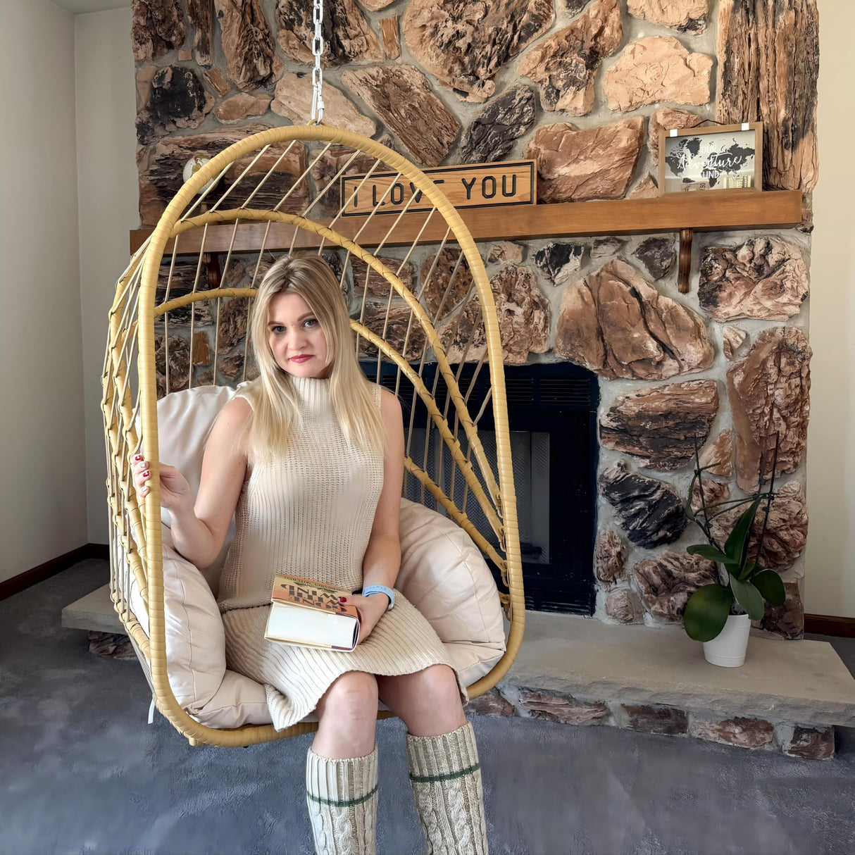 YITAHOME Hanging Egg Chair Without Stand, Rattan Wicker Swing Egg Chair with Resistant Cushion, 300lbs Capacity, Foldable Hanging Basket Chair for Porch, Garden, Bedroom, Balcony - Beige YITAHOME