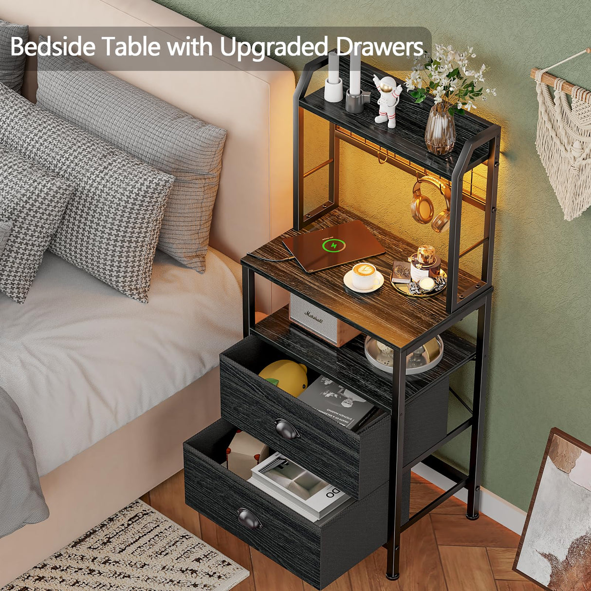 Furologee 41'' Tall Nightstand with Charging Station, Bedside Table with LED Lights, End Table with 2 Drawers and Storage Shelves, Night Stand with Pegboard for Bedroom, Living Room, Black Oak Furologee