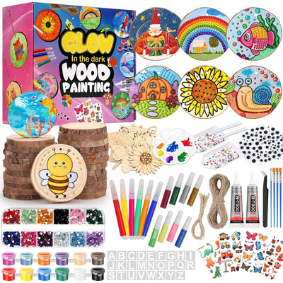 Qinzave Kids Wooden Painting Kit Glow in The Dark Arts Crafts Gifts for Boys Girls, 200 PCS Wood Slice Creative DIY Craft Kit for Kids Ages 8-12