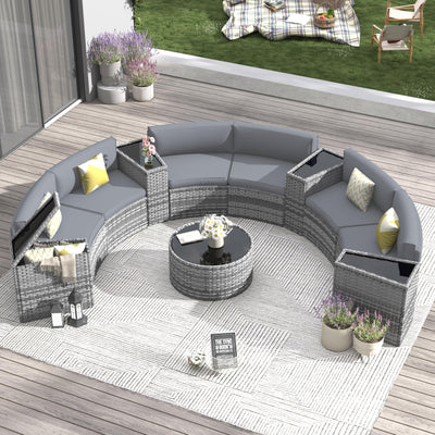 Amopatio Outdoor Patio Sectional Furniture Sets, 11 Pcs Curved Patio Couch with Storage Armrest Table and 4 Pillows, Half-Moon Outdoor Sofa Fit Porch Poolside Garden (Included Waterproof Cover)