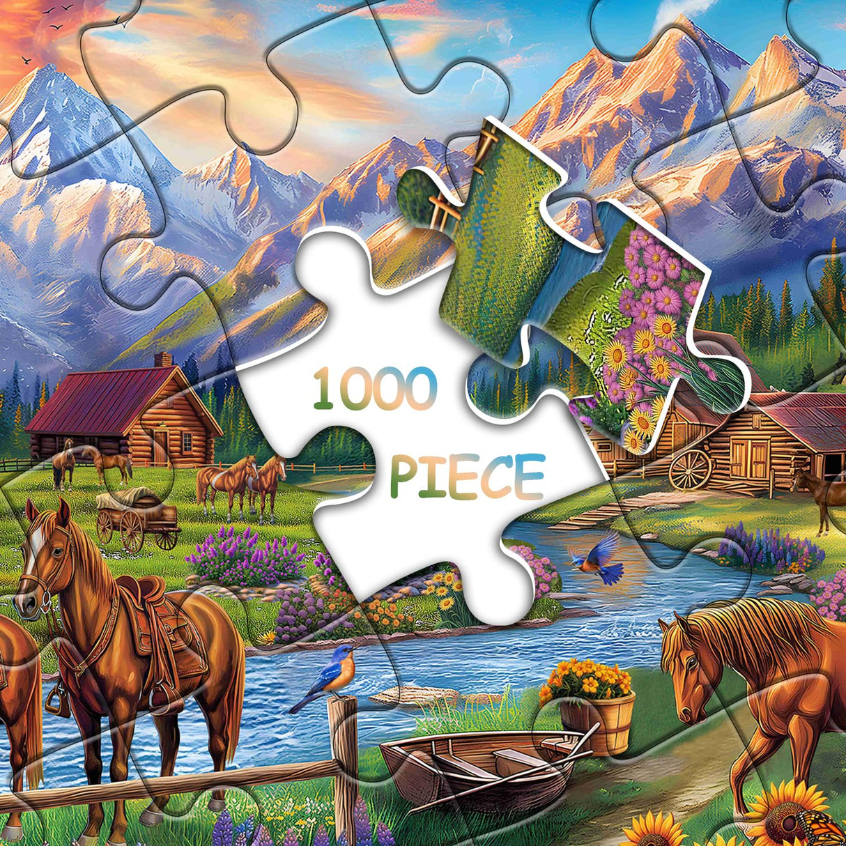 Horse Puzzles for Adults 1000 Piece, Nature Landscape Puzzles Flower Mountain Scenery, Challenging Jigsaw Puzzles with Animals Scenic PICKFORU