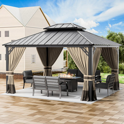 RTDTD 12’x14’ Hardtop Gazebo Outdoor Aluminum Frame Permanent Gazebo Galvanized Steel Double Roof Pergola with Nettings and Curtains for Patio, Lawns,Backyard, Deck(Brown)