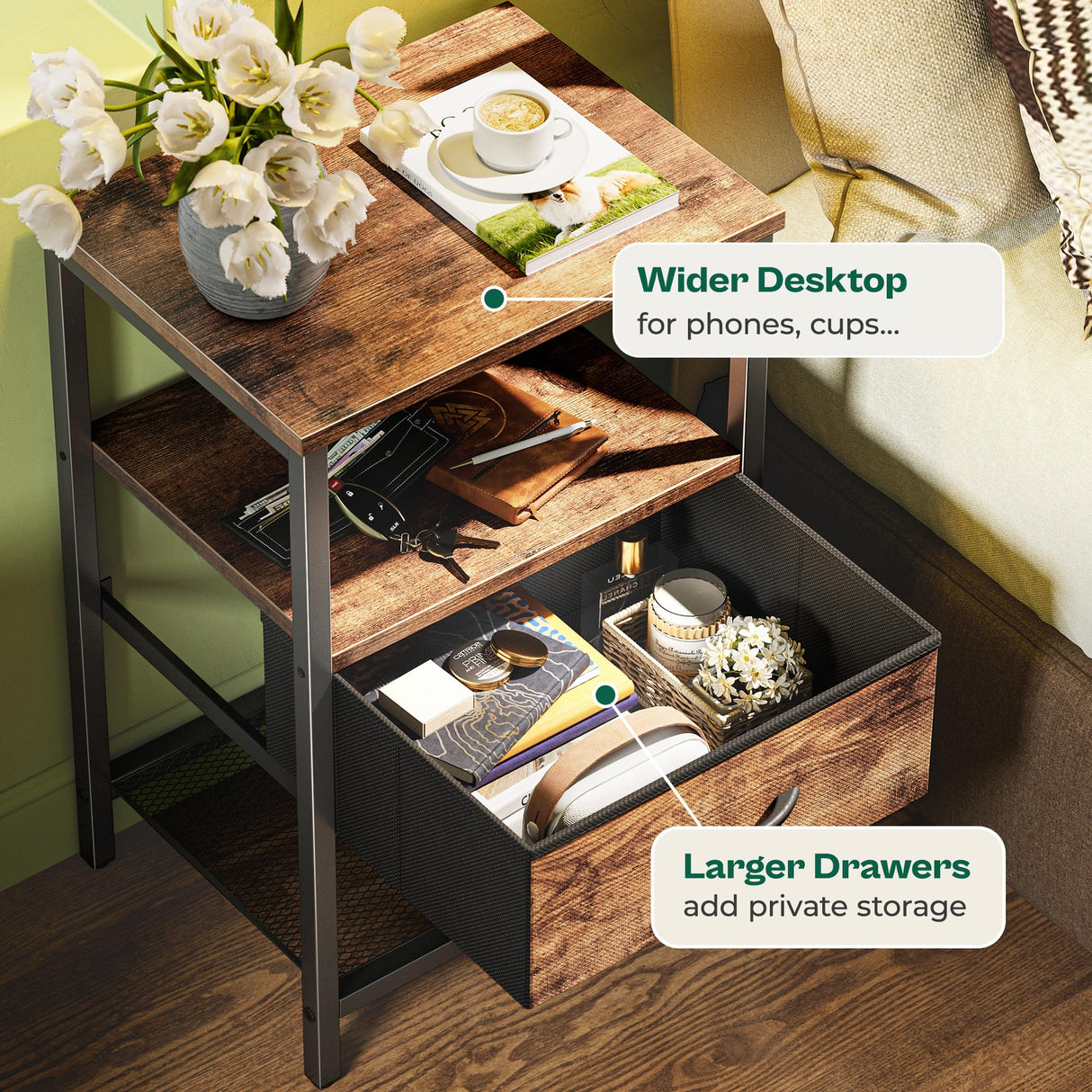 Huuger Rustic Brown Nightstand Set with Fabric Drawer and Mesh Shelf - Versatile Side Tables for Any Room Huuger