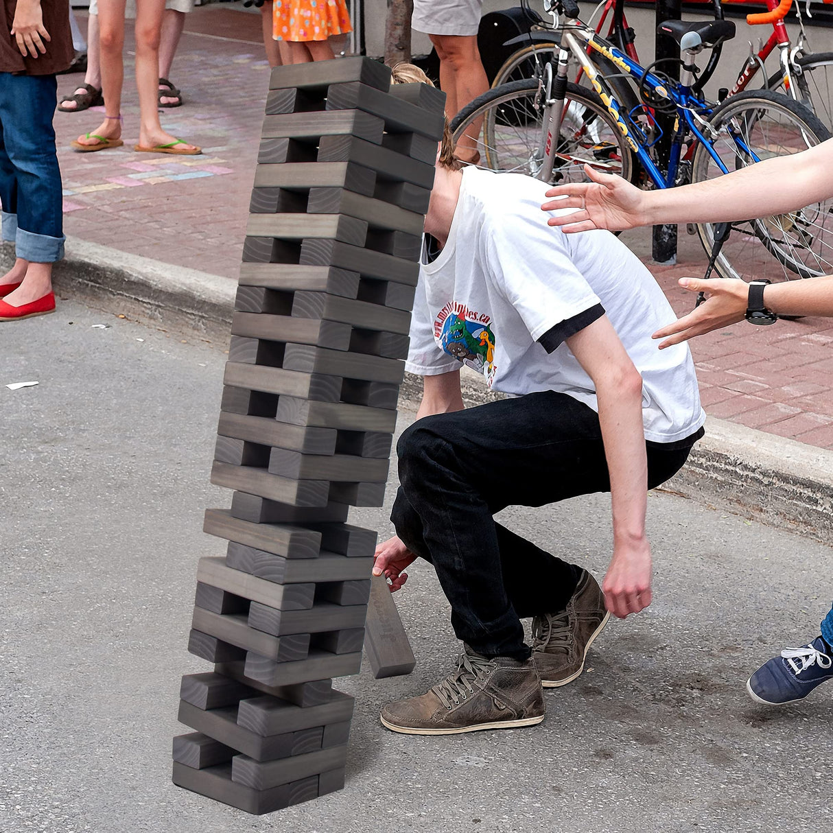 Juegoal 54 Pieces Giant Tumble Tower Blocks Game Giant Wood Stacking Game with 1 Dice Set, Gameboard, Canvas Bag for Adult, Kids, Family, Grey Juegoal