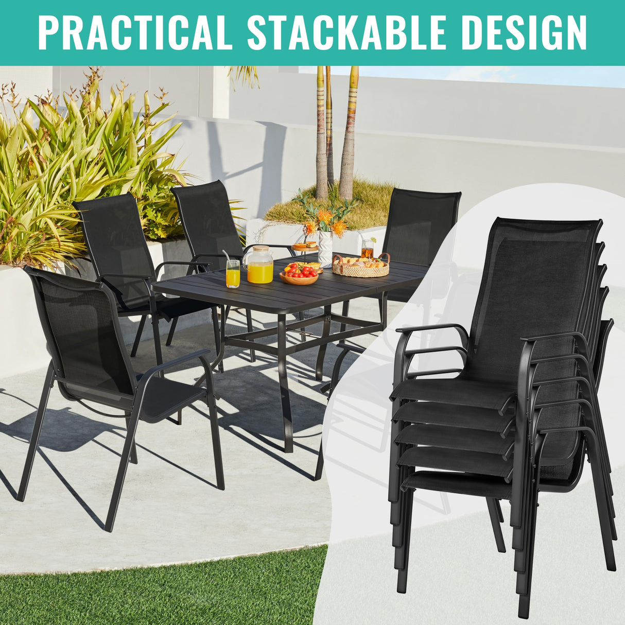 Yaheetech Set of 2 Patio Dining Chairs, Outdoor Stackable Patio Chairs with Backrest/Armrests, All Weather Chairs for Garden/Lawn/Porch/Backyard Pool, Black Yaheetech