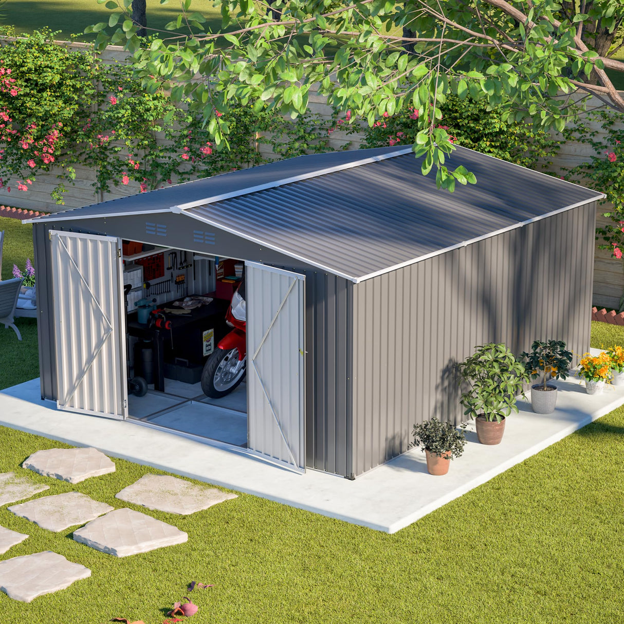 YOPTO 12x14FT Outdoor Storage Shed Metal Shed W/Floor Frame,Garden Tool House W/ 4 Air Vents,Lockable Double Doors & Sloped Roof,for Patio,Lawn,Backyard,Light Gray YOPTO
