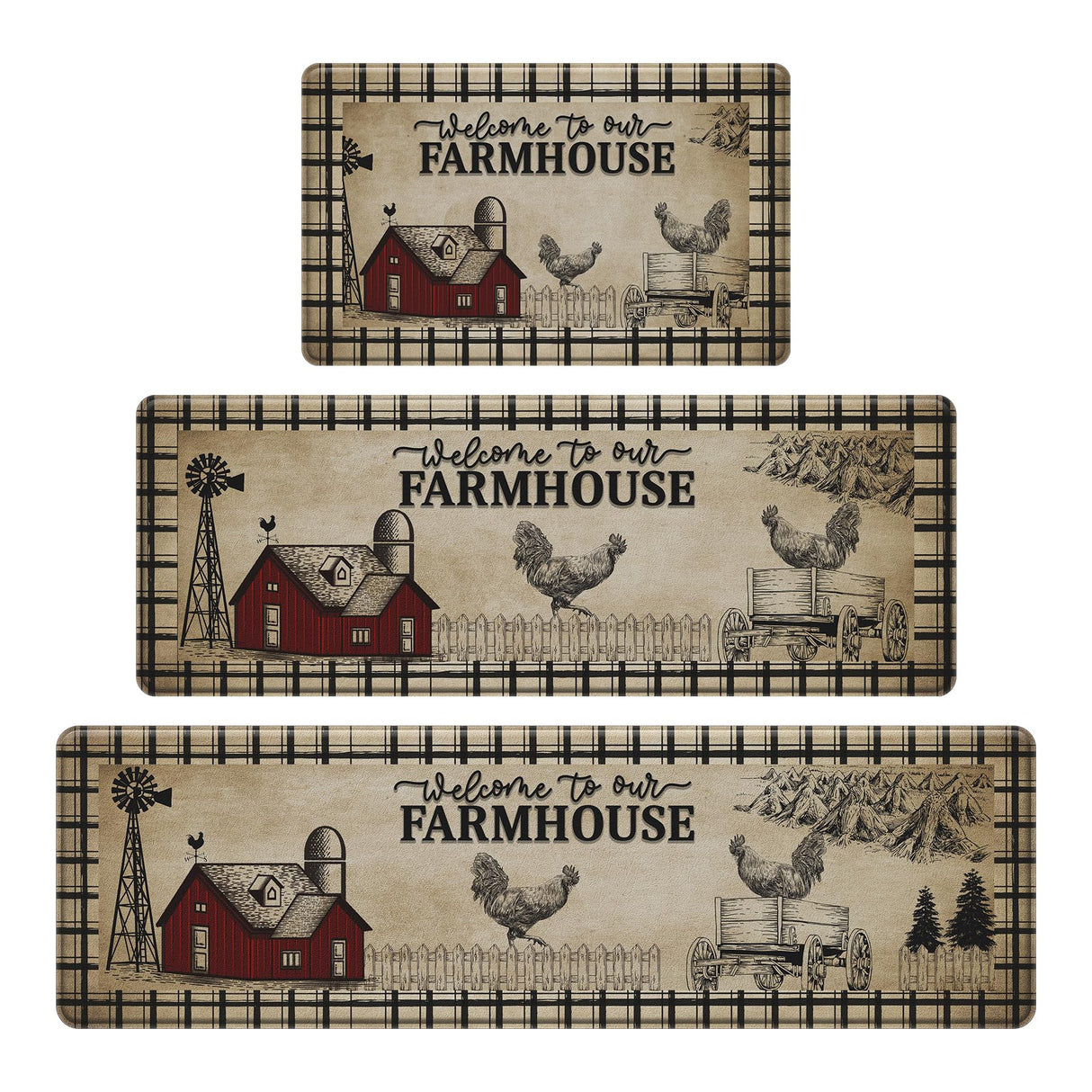 CHICNOOK PVC Farmhouse Kitchen Rugs Anti Fatigue 3 Piece, Washable Non-Skid Kitchen Mat, Farmhouse Rooster Kitchen Floor Mat, Cushioned Kitchen Floor Mats, Size 18'' x 30''+18" x 48"+18" x 60" CHICNOOK
