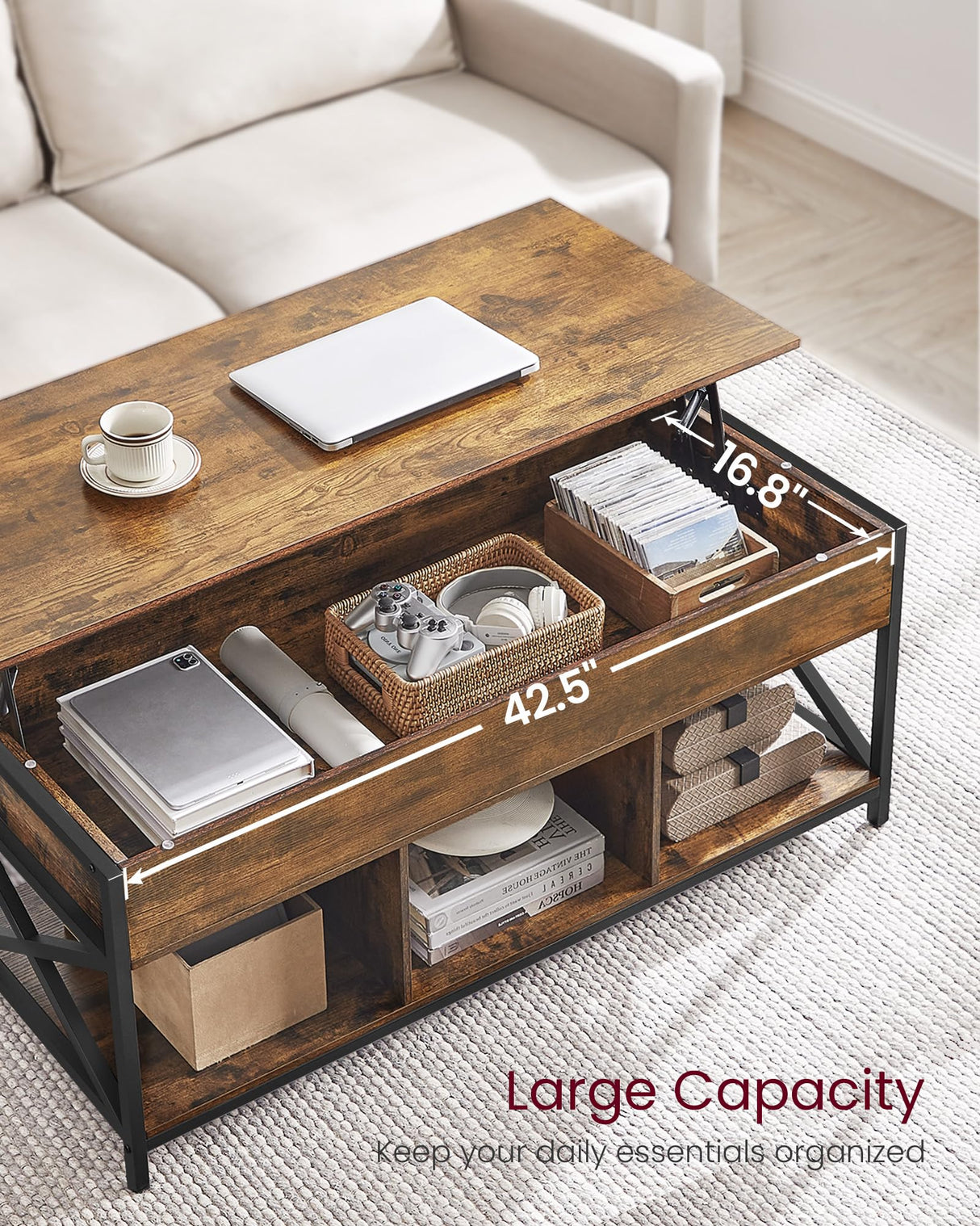 VASAGLE Lift Top Coffee Table, Lift Coffee Table with Storage Shelf, Hidden Compartments and Lifting Top, for Living Room, Office, 19.7 x 47.2 x (19.3-24.4) Inches, Rustic Brown and Black ULCT212B01 VASAGLE