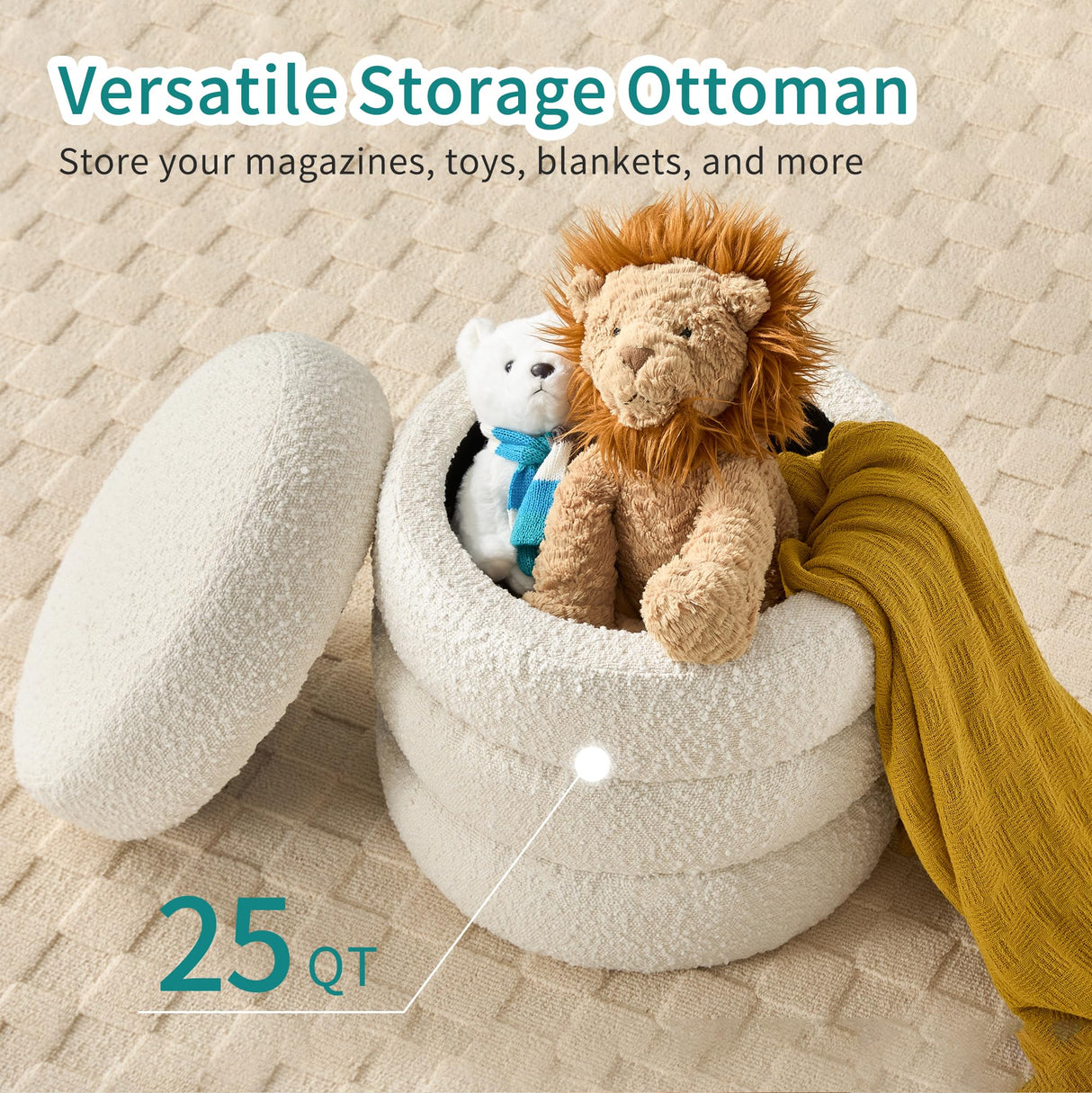 Busaurus Round Ottoman with Storage for Living Room Small Boucle Foot Stool Modern Upholstered Vanity Stool Ottoman Foot Rest for Dorm Corner Home Decor, Set of 1 (White) Busaurus