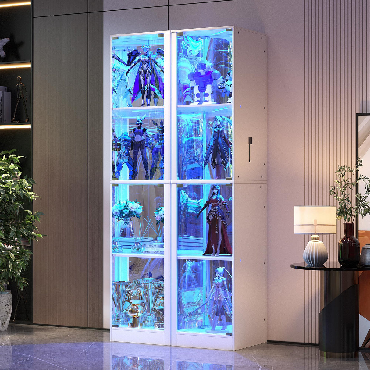 Corner Display Cabinet with Glass Doors, 68" Display Case with LED Lights, 4-TierCurio Cabinets for Collectibles/Toys/Books, Mirrored Storage Cabinet, White Dystler
