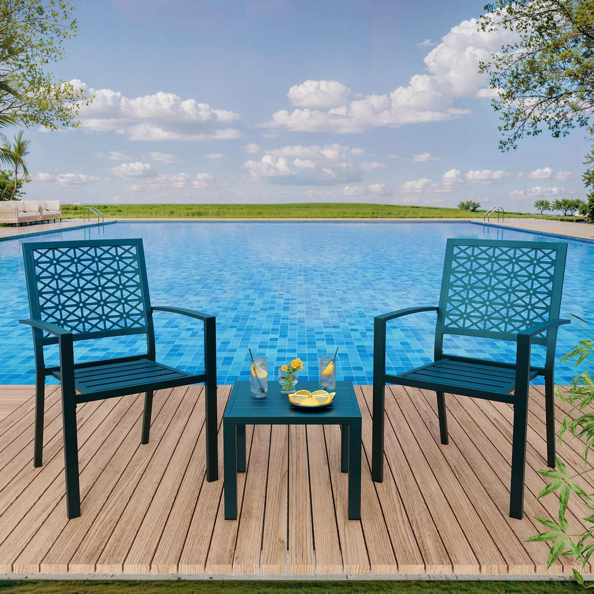 IDEALHOUSE Patio Bistro Set 3 Piece, Bistro Table and Chairs Set of 2 Outdoor, Small Patio Furniture Sets with Coffee Table for Balcony, Front Porch, Apartments, Deck, Backyard, Blue IDEALHOUSE