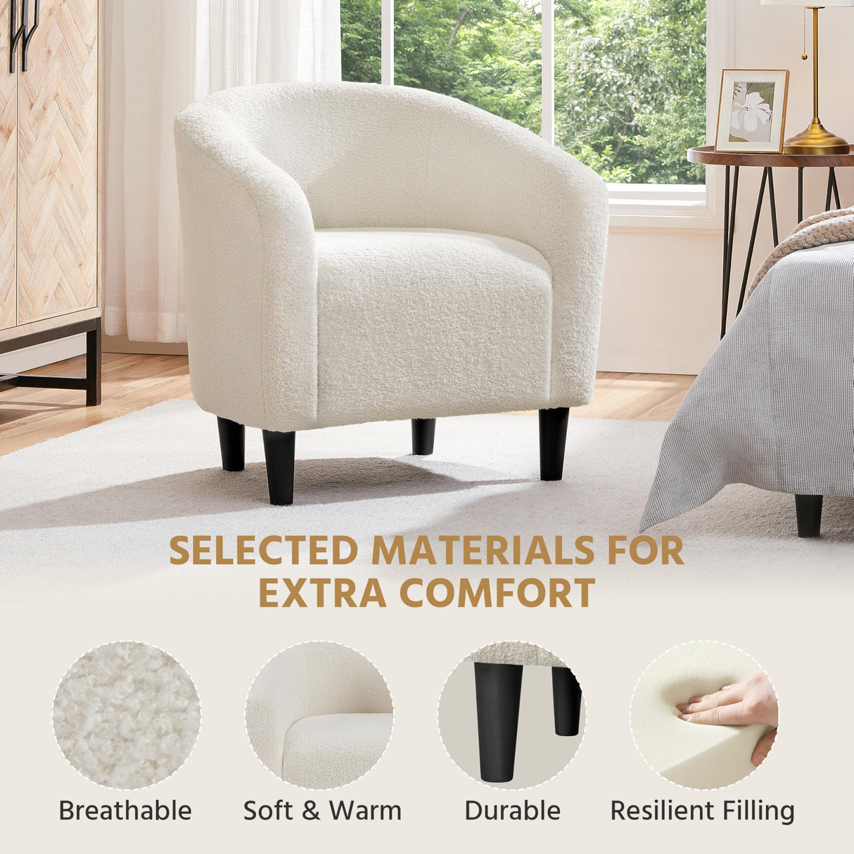 Yaheetech Accent Barrel Chair, Boucle Fabric Club Chair, Furry Sherpa Elegant Armchair with Cozy Soft Padded, Suitable for Living Room Bedroom Reception Room Office, Ivory Yaheetech