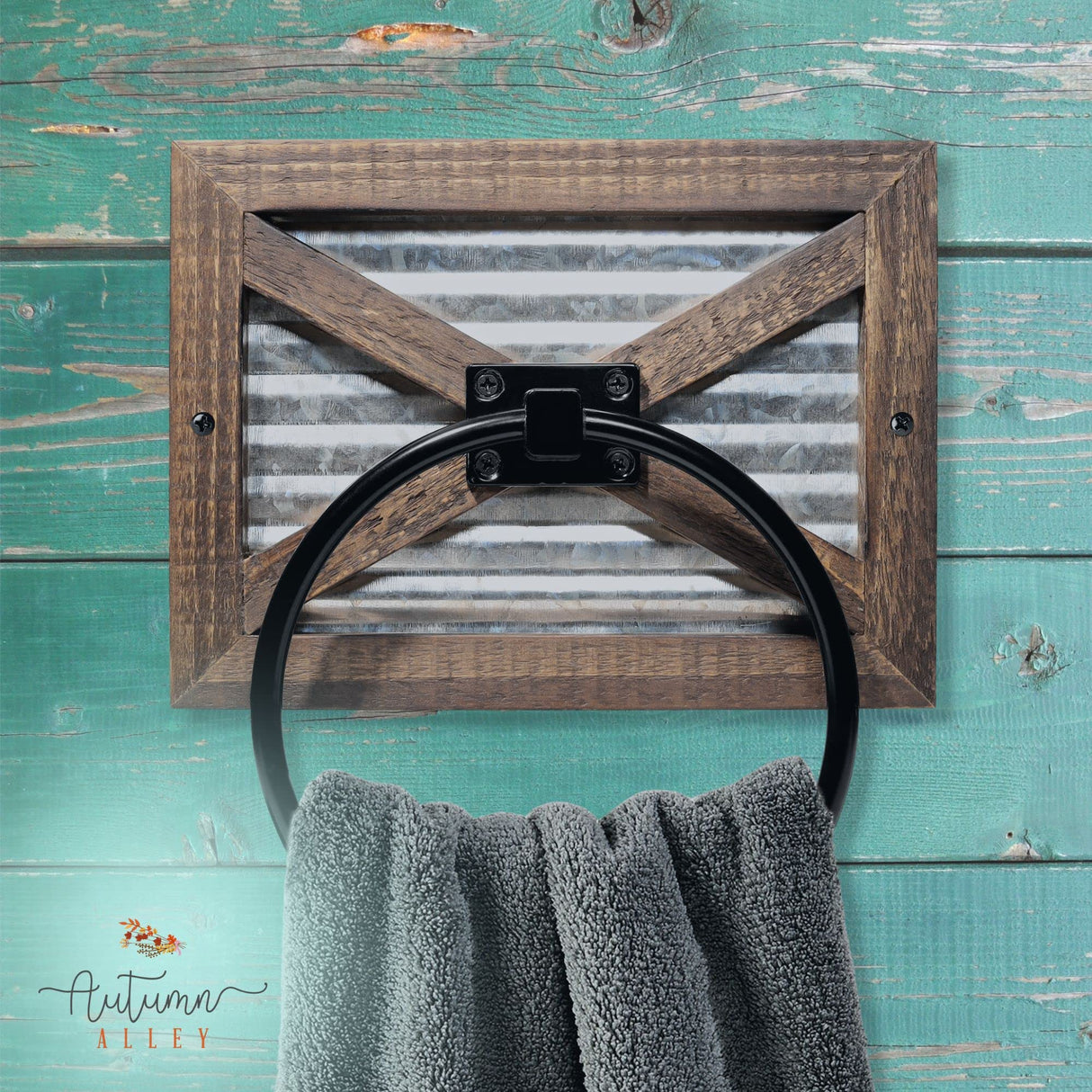 Autumn Alley Rustic Farmhouse Towel Holder for Bathroom, Rustic Hand Towel Holder, Rustic Towel Rack Holder, Wall Mounted, Western Bathroom Decor, Wood Country Decor, Galvanized Metal, Black Ring Autumn Alley