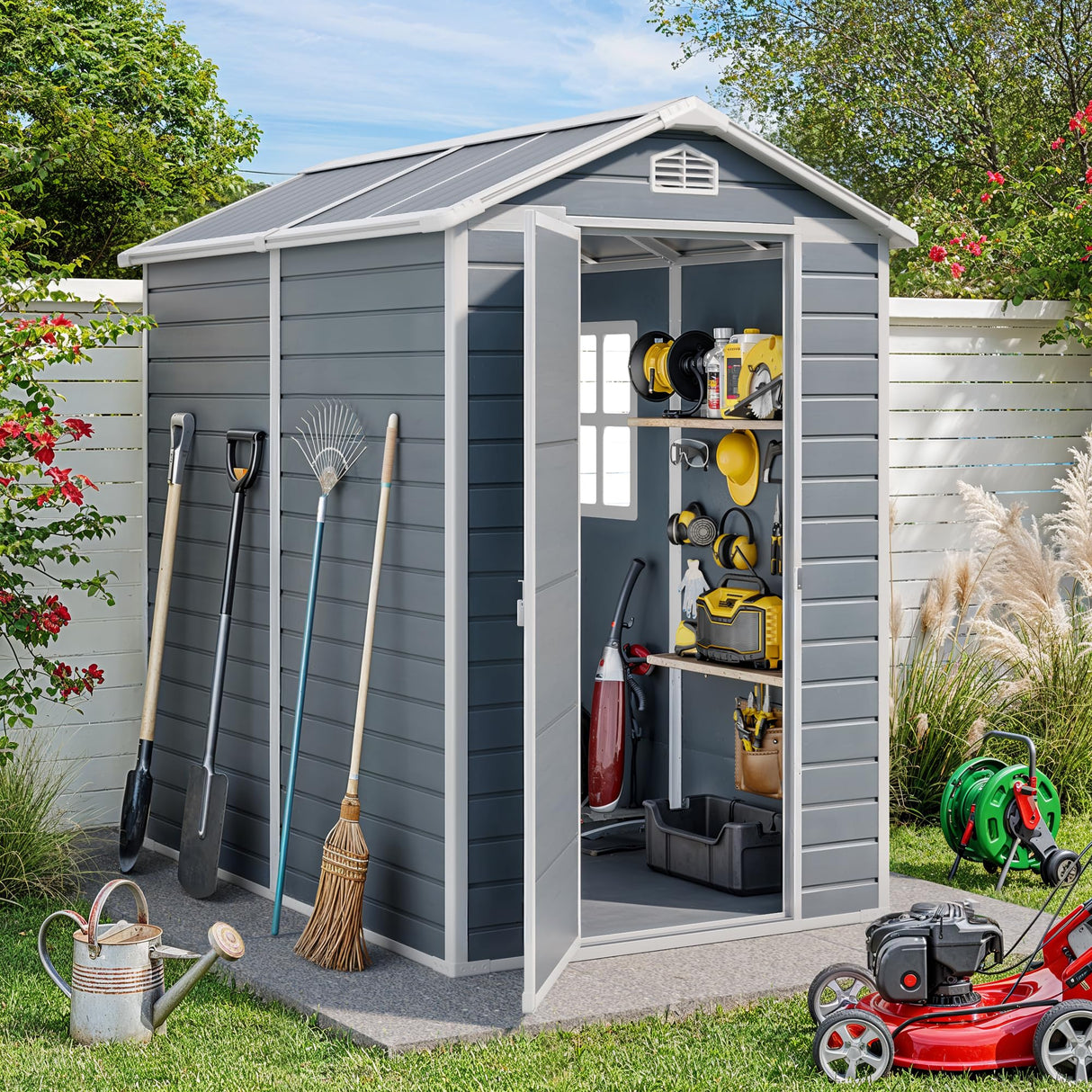 Gizoon 6x4 FT Outdoor Storage Shed with Floor, Resin Garden Tool Shed with Lockable Doors, Window, Vents, Reinforced Steel Frame, Waterproof Plastic Storage Sheds for Backyard, Patio, Lawn Gizoon