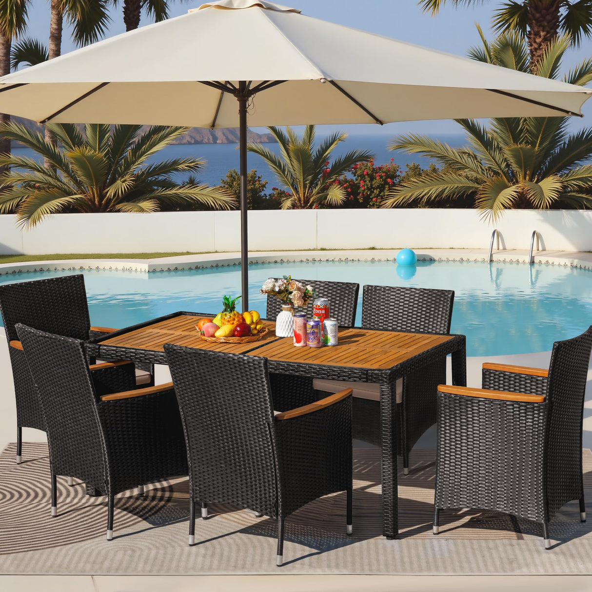 Greesum 7 Pieces Outdoor Patio Dining Set, Conversation Sets with 1 Table and 6 Rattan Chairs with Curved Acacia Wooden Armrests and Cushions, Black Greesum