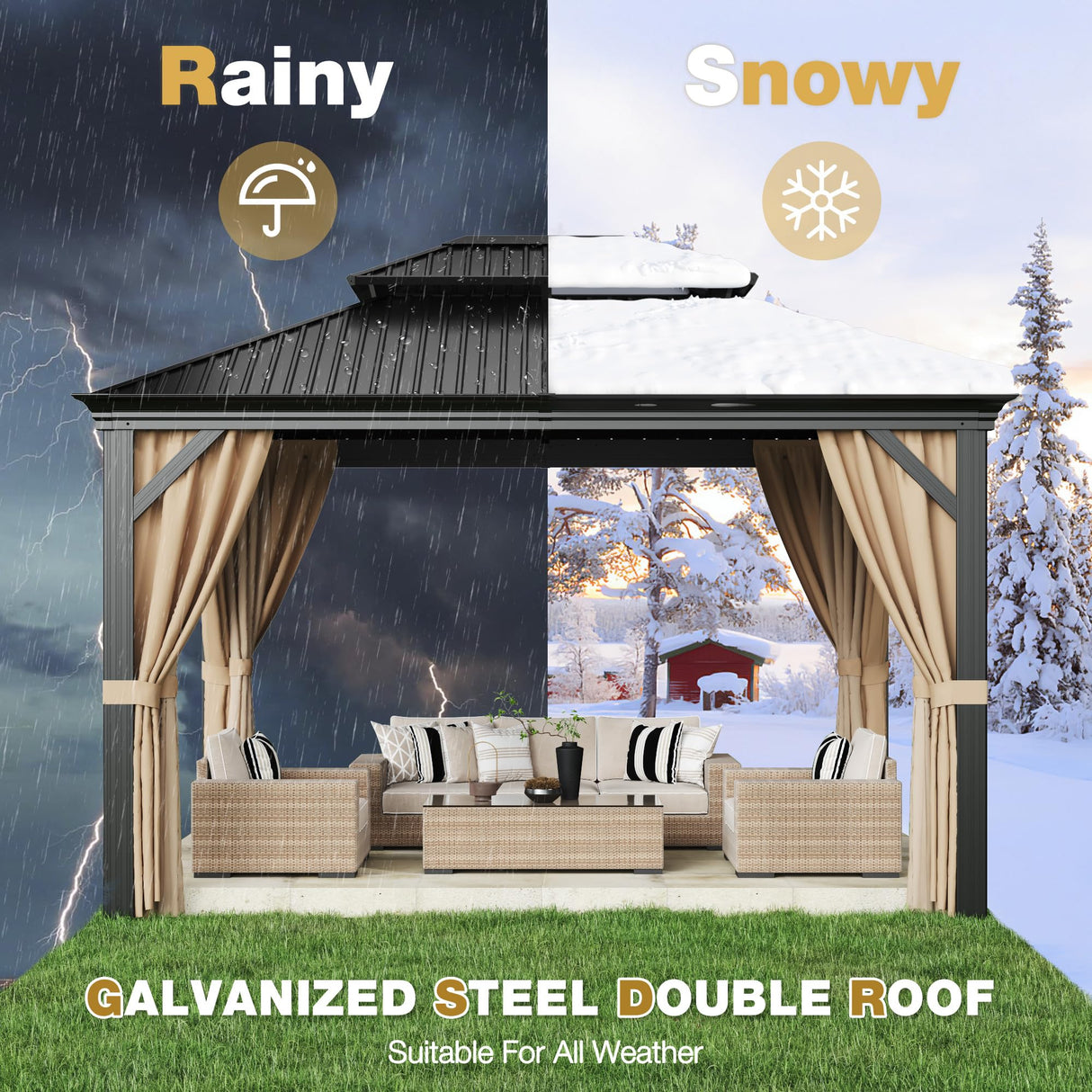 Devoko 10' x12' FT Outdoor Hardtop Gazebo Galvanized Steel Metal Gazebo Aluminum Frame Double Roof Outdoor Gazebo with Nettings and Curtains for Patios, Garden,Yard Devoko