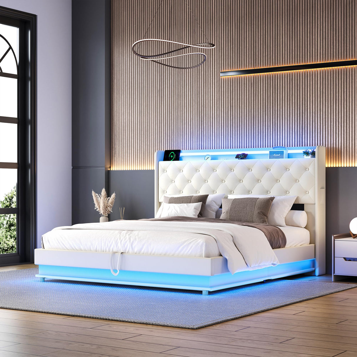 Ailisite Beige Upholstered Queen Bed Frame with LED Lights, Wingback Headboard, and Storage Solution Ailisite