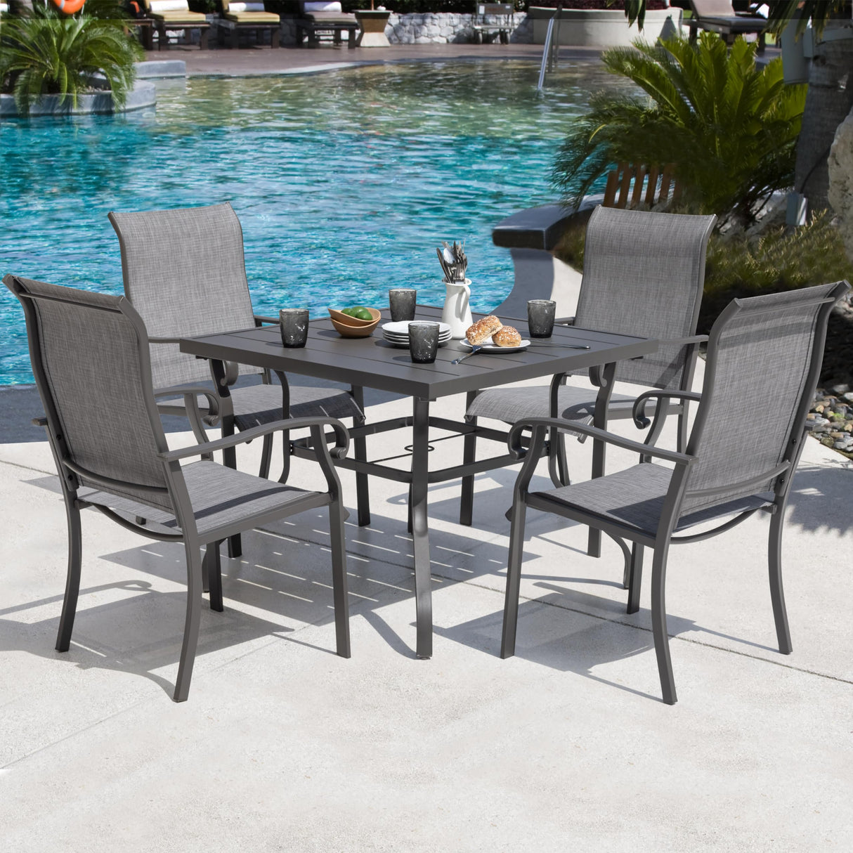 NUU GARDEN Outdoor Patio Dining Set 5 Piece Furniture Set Including Square Outdoor Dining Table with 1.57" Umbrella Hole and 4 Gray Textilene Chairs for Garden, Patio and Poolside Backyards NUU GARDEN