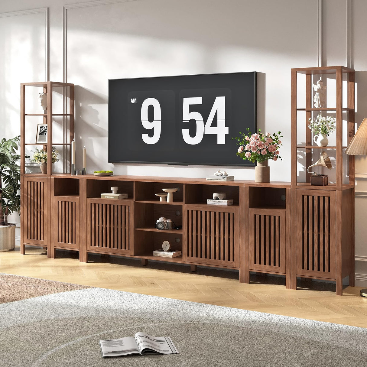 BVIUNTWO Farmhouse TV Stand for 100 inch TVs, Entertainment Center with Bookshelves, 6 Door Media Console with Adjustable Shelves, Storage Cabinet for Living Room Bedroom Home Theater, Rustic Brown BVIUNTWO