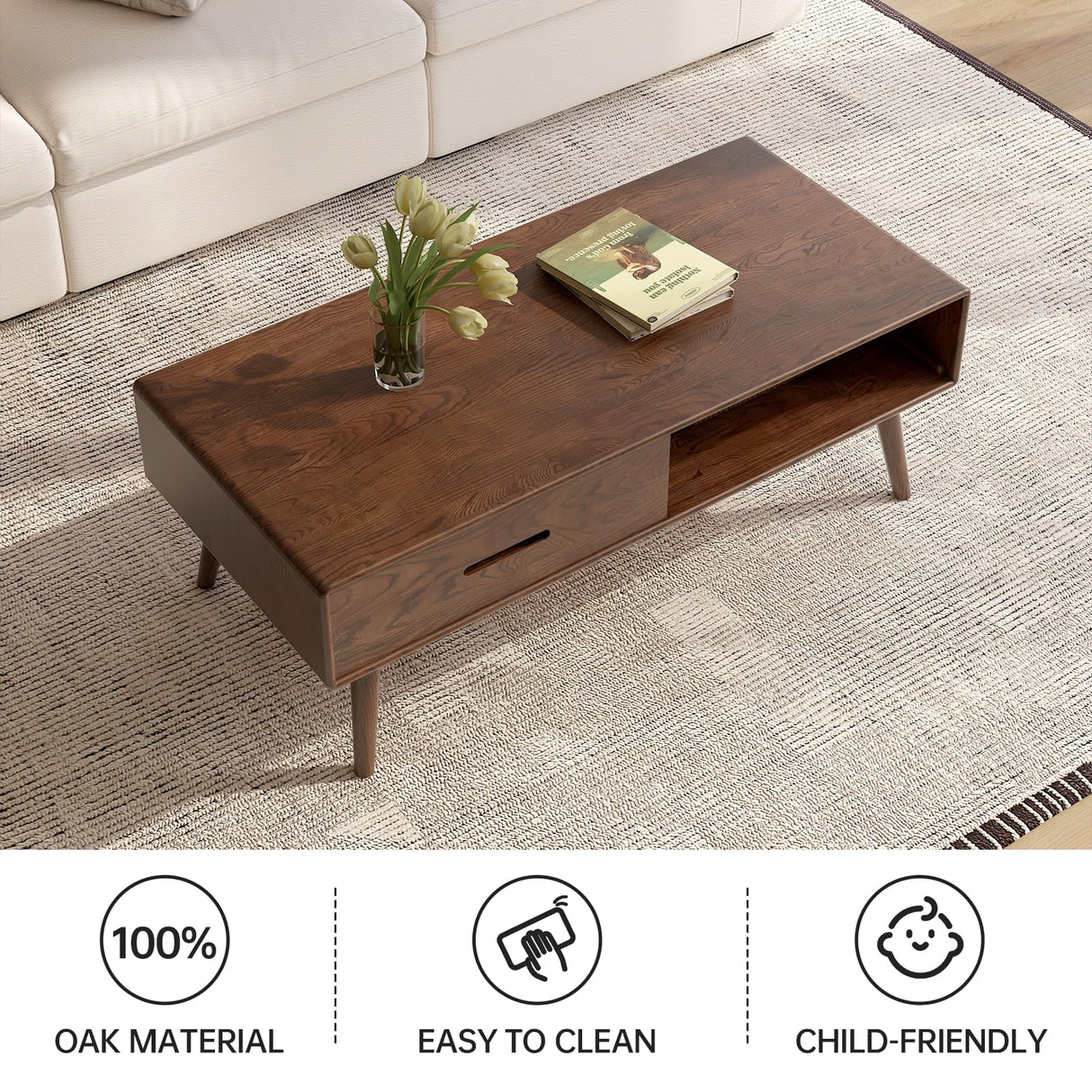 Vadisun 100% Solid Wood Coffee Table with Storage, Mid Century Modern Coffee Tables for Living Room, 39.37" W Coffee Table with 2 Drawers for Home (Oak Walnut Colour) Vadisun