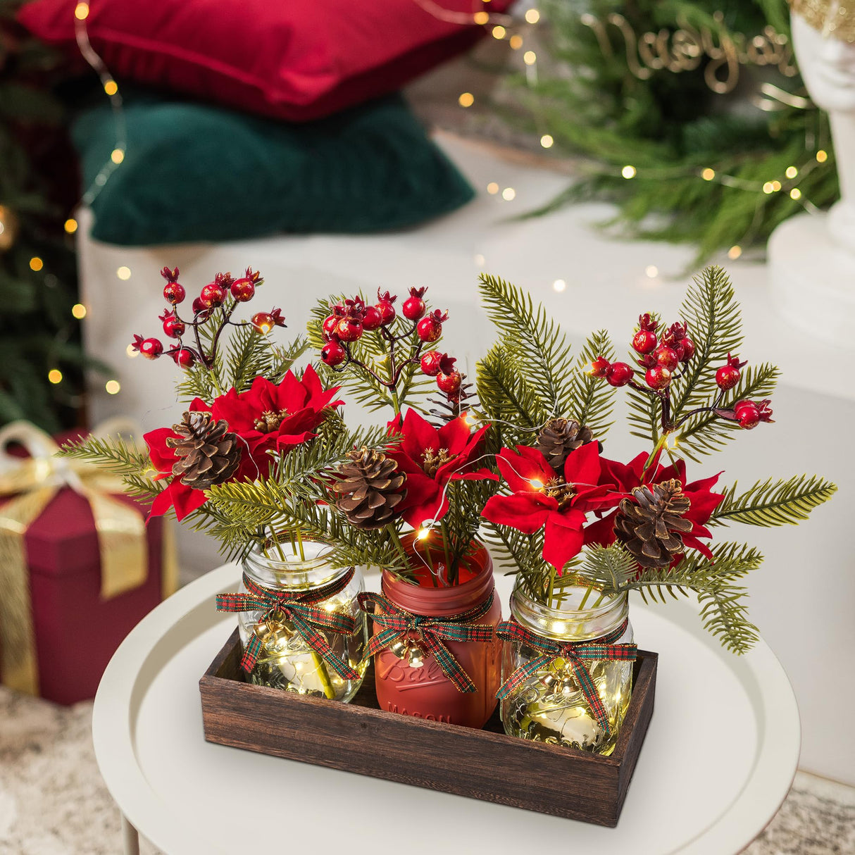 DUOER 3 Pcs Mason Jar Centerpiece Decorations for Christmas Table Decor Farmhouse Coffee Table Decor Christmas Kitchen and Room Decor,Red DUOER