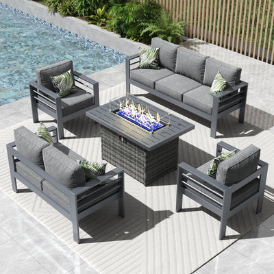 Vakollia 5 Pieces Modern Aluminum Patio Furniture Set with Fire Pit Table, Outdoor Conversation Sets Metal Sectional Sofa