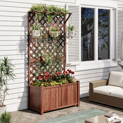 Amerlife 35.4x17.7x72 Inch Raised Garden Bed with Trellis, Wooden Planter Box for Vegetables and Climbing Plants with Drainage Holes