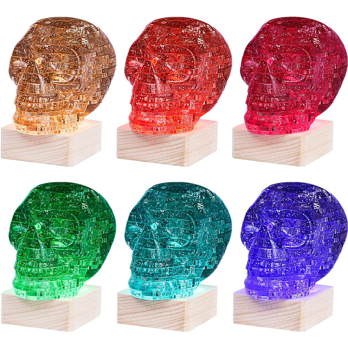 3D Skull Crystal Puzzle, Skull Assembly Brain Teaser with Light-Up Wood Base for Halloween Decorations Outdoor, Plastic Skull DIY Puzzle Blocks 3D Model Toy, Gift for Adults, Kid 14+, 49pcs (Grey) Generic