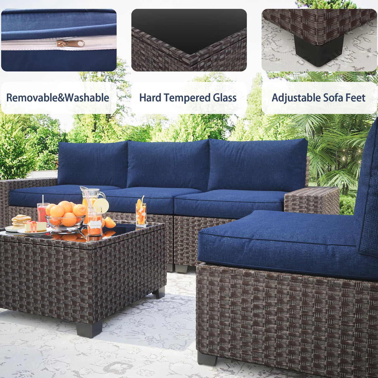 GAOMON 6 Pieces Outdoor Patio Furniture Set, Wicker Patio Conversation Set Sectional Sofa, Brown Patio Sofa with 5 Navy Blue Seat Cushions and 1 Glass Coffee Table GAOMON