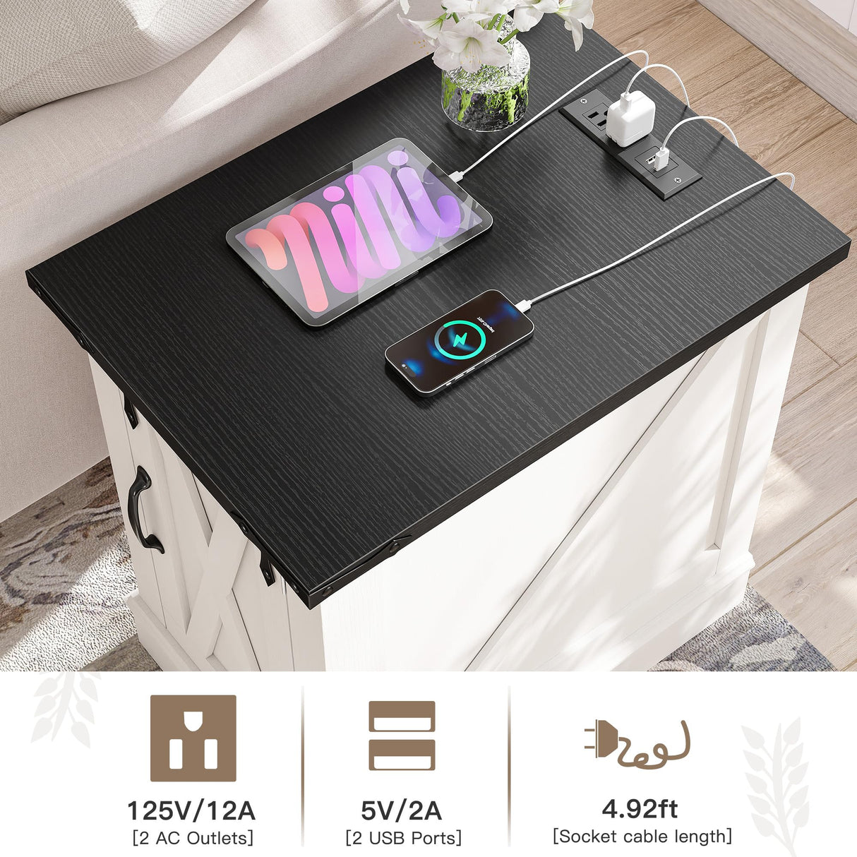 EnHomee End Tables with Charging Station,25" Farmhouse Wood Nightstand with Barn Door,Large Sofa Side Table with Adjustable Storage Shelf for Bedroom,Drawing Room,Hallway,Antique White EnHomee