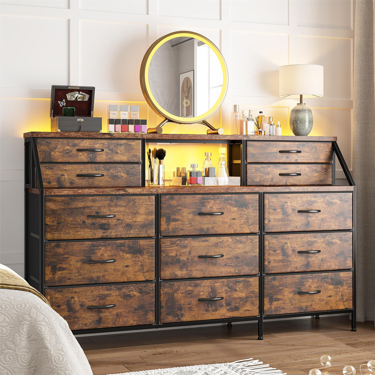 EnHomee 55”W Dresser for Bedroom, Dresser with 13 Large Drawer, Dressers & Chests of Drawers, Dressers with 2 Shelves, Bedroom Dresser, Long Dresser for Closet, Wooden Top Metal Frame Rustic Brown EnHomee