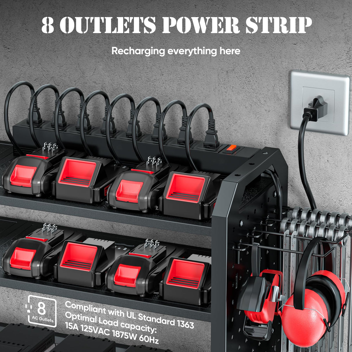 Power Tool Organizer with Charging Station Wall Mount, Built in 8 Outlet Surge Protection Power Strip, Drill Holder Wall Mount, Heavy Duty Metal Power Tool Storage Rack for Garage Organization Black Nacial
