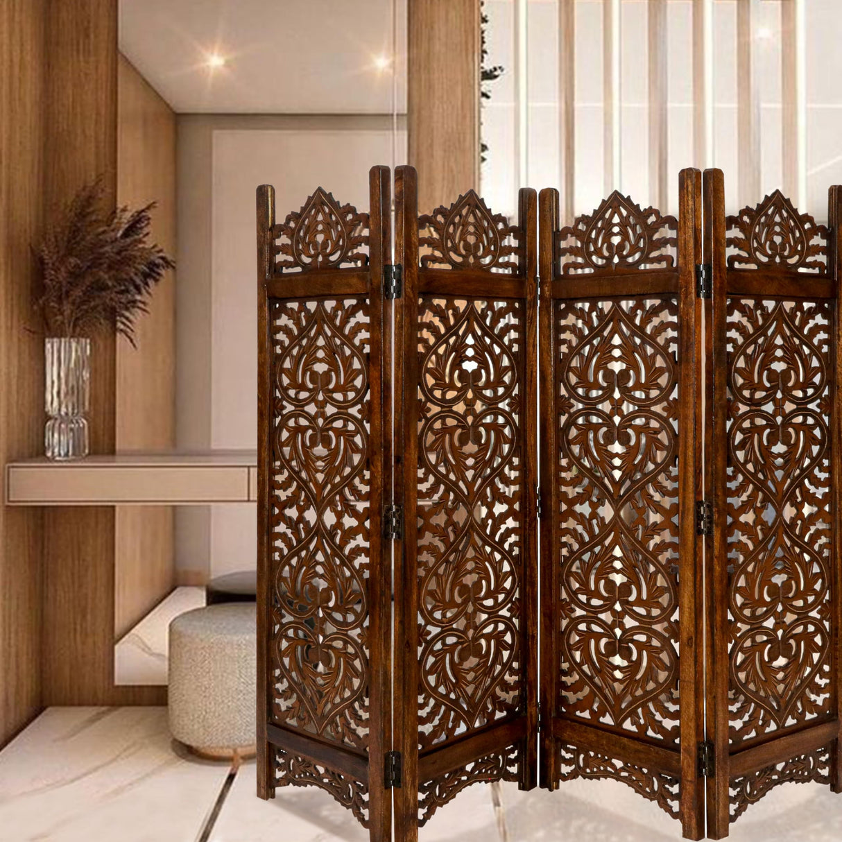 Light & Pro Wood Heart Design Handmade Hinged Foldable Partition 4 Panel Room Divider Screen with Intricately Carved Designs, Pre Assembled - Ready to Use - 48" x 1" x 64", Burnt Light & Pro