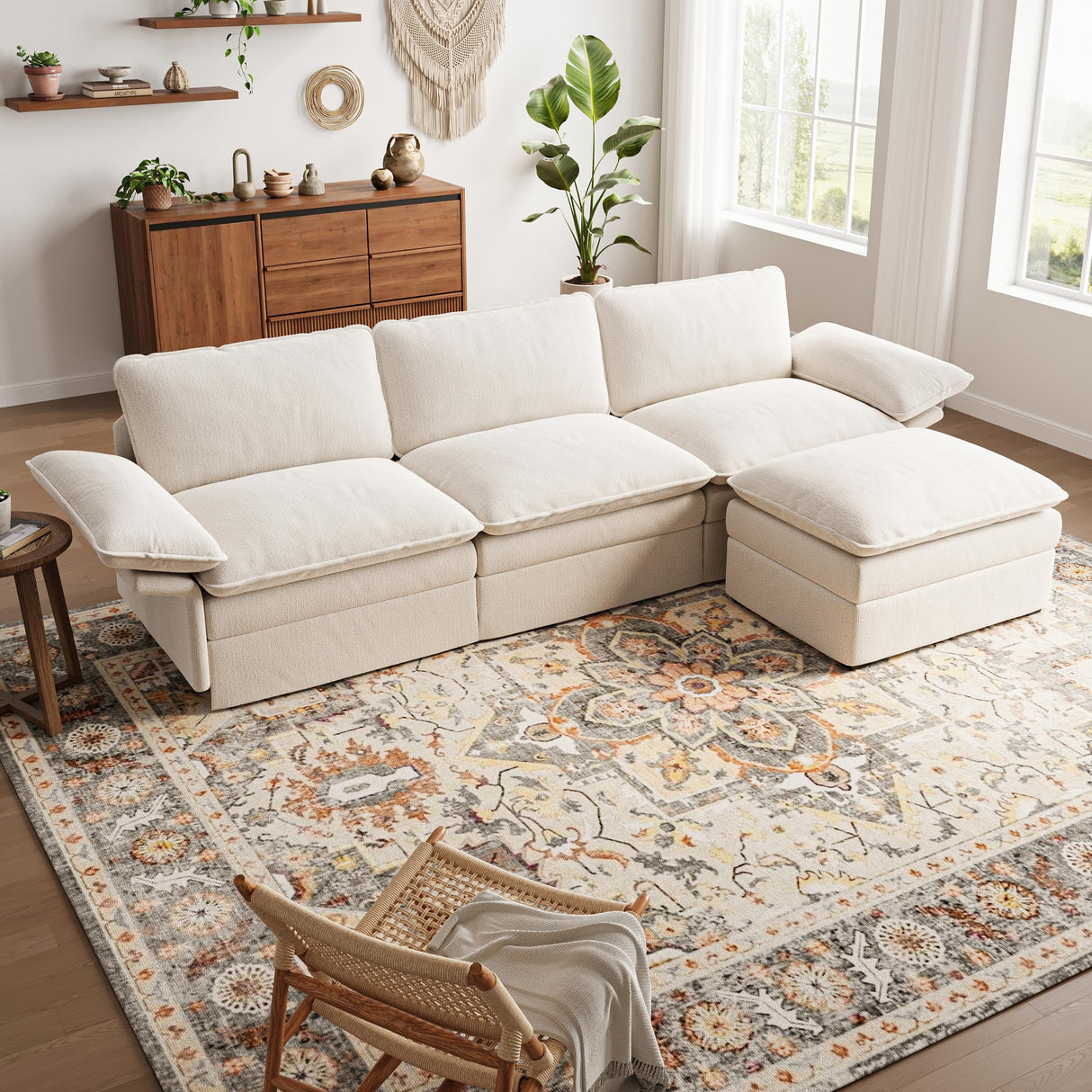 TROMIRY 110" Cloud Couch for Living Room Fluffy Comfy Couches for Apartment | 3 Seater Sectional Couch with Ottoman | Ivory White TROMIRY