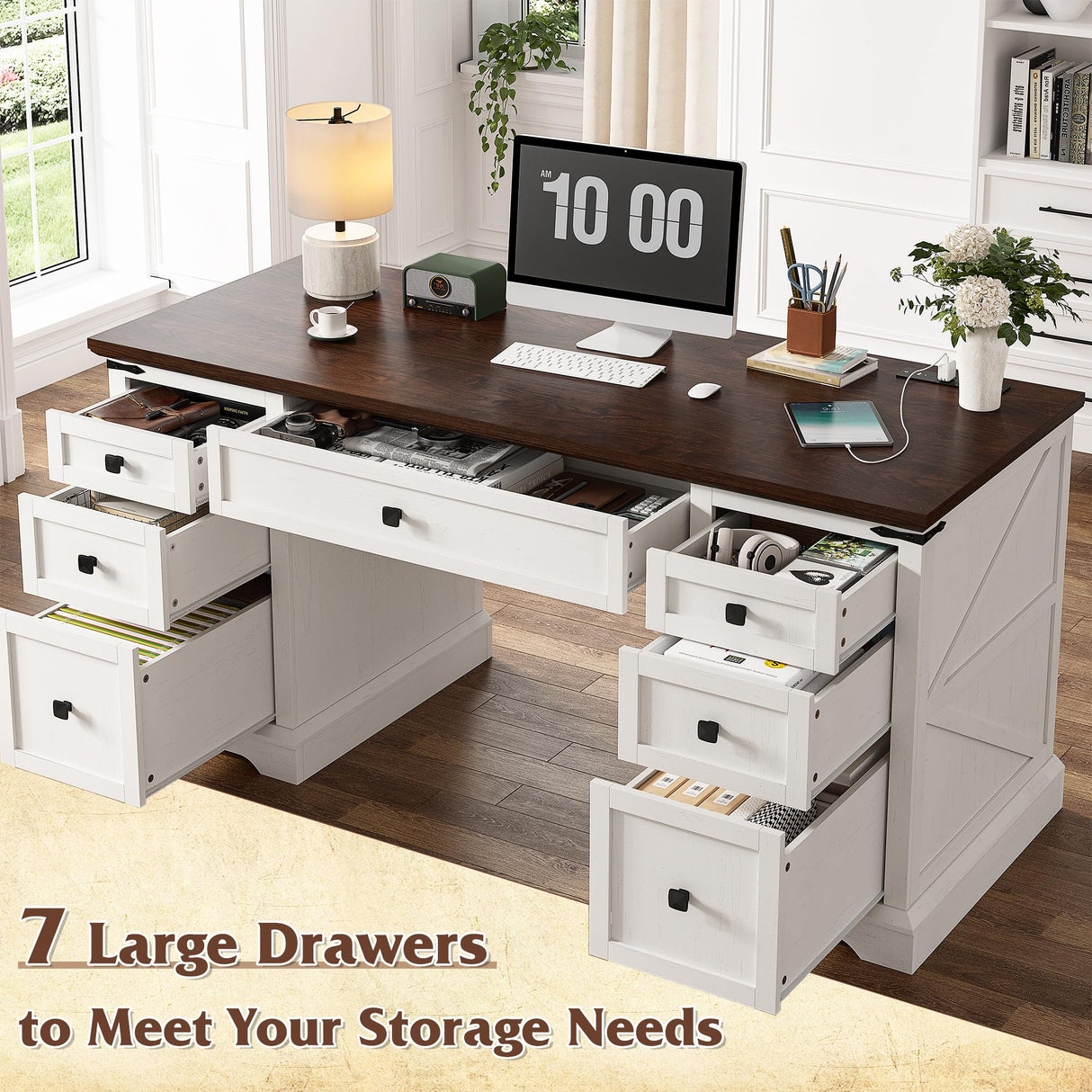 EnHomee 55" Computer Desk with 7 Drawers Farmhouse Computer Desk with Charging Station Home Office Desk for Study, Bedroom, Living Room, Office Desk,Desk,Brown+White,Dark Rustic Oak EnHomee