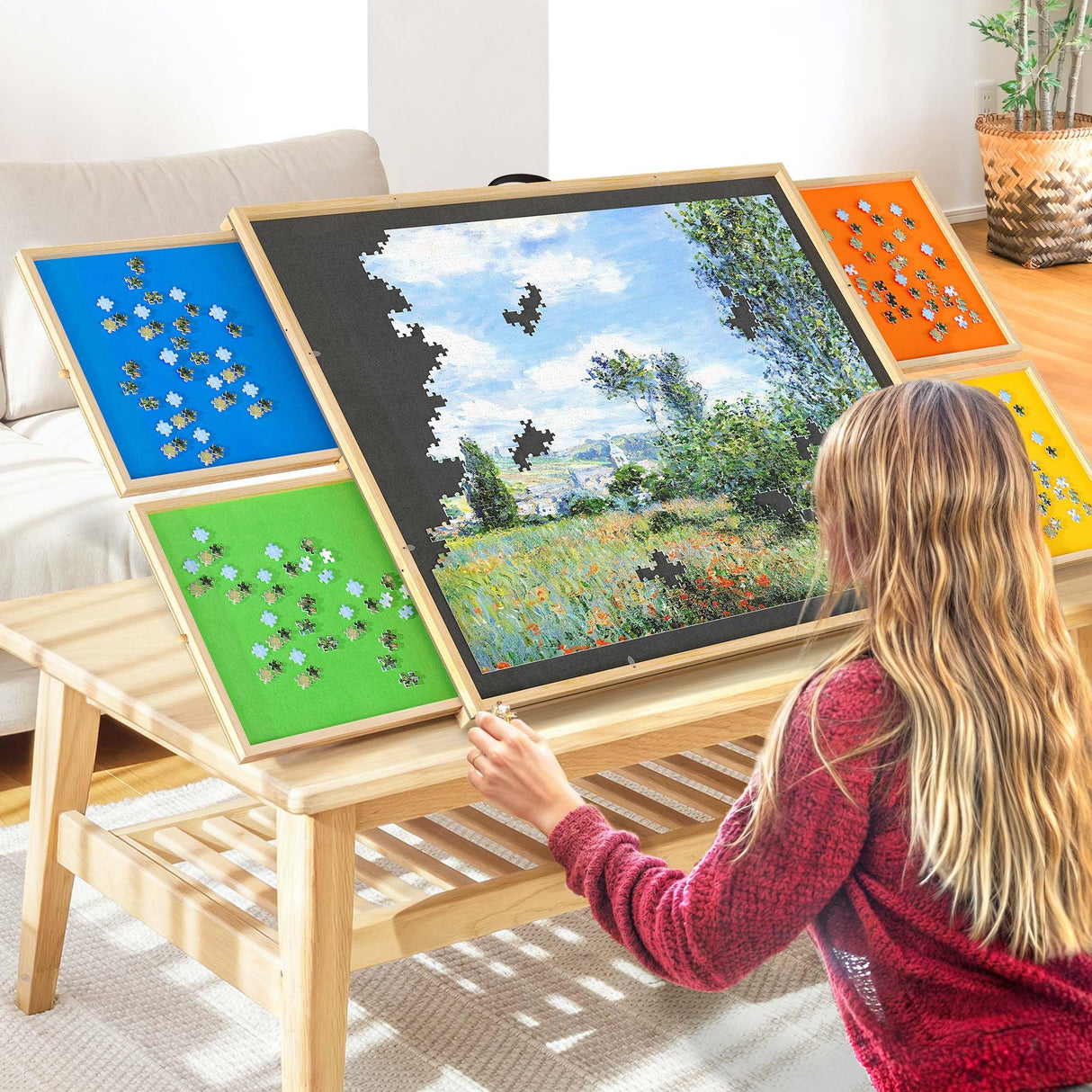 DWVO 2 in 1 Puzzle Board with Drawers, 2000 Pieces Tilting Puzzle Board with Spinning Lazy Susan, Rotating Puzzle Table with Drawers and Cover, Wooden Jigsaw Table for Puzzle Enthusiasts DWVO