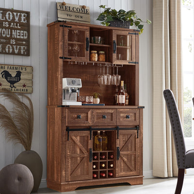 OKD 72" Farmhosue Bar Cabinet with Sliding Barn Door, Large Kitchen Buffet with Hutch w/Wine & Glasses Rack, 3 Drawers, 12 Storage Shelves, Rustic Coffee Bar Sideboard Table, Reclaimed Barnwood