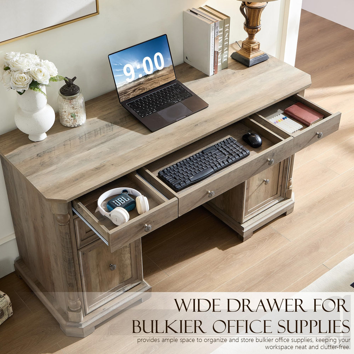 Yechen 55'' Wood Executive Desk with 7 Drawers - Farmhouse Home Office Desks with Power Outlet, Wooden Computer Desk with Roman Columns, Rustic Writing Table for Work & Study, Weathered Reclaimed Oak Yechen