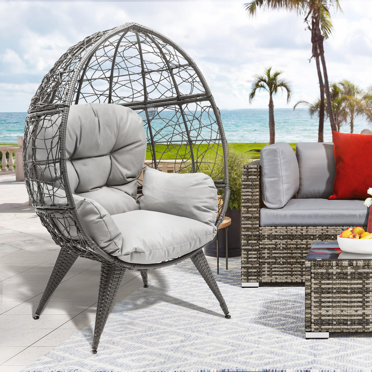 YITAHOME Oversized Wicker Egg Chair for Indoor and Outdoor Use with Stand, Cushion, and Leveling Feet, Large Lounger for Patio, Garden, Backyard, Balcony, Supports up to 330lbs, Grey YITAHOME