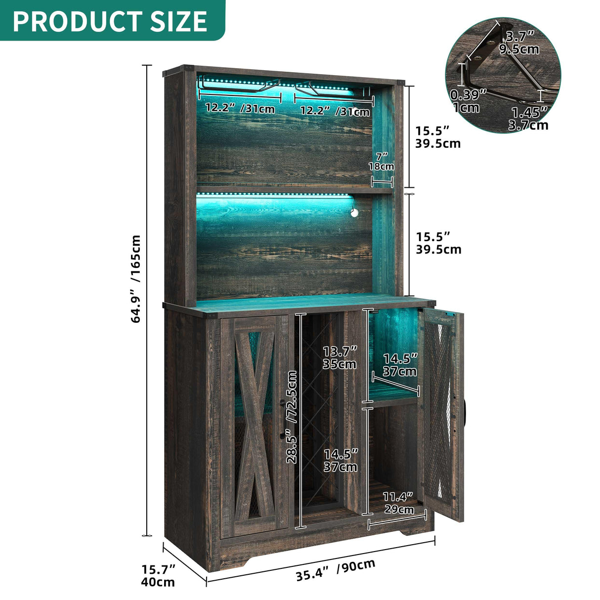 YITAHOME Wine Bar Cabinet, LED Farmhouse Liquor Cabinet Coffee Bar with Adjustable Shelves, 65 Inch Buffet Kitchen Storage Cabinet for Dinning Room, Kitchen, Living Room, Dark Rustic Oak YITAHOME