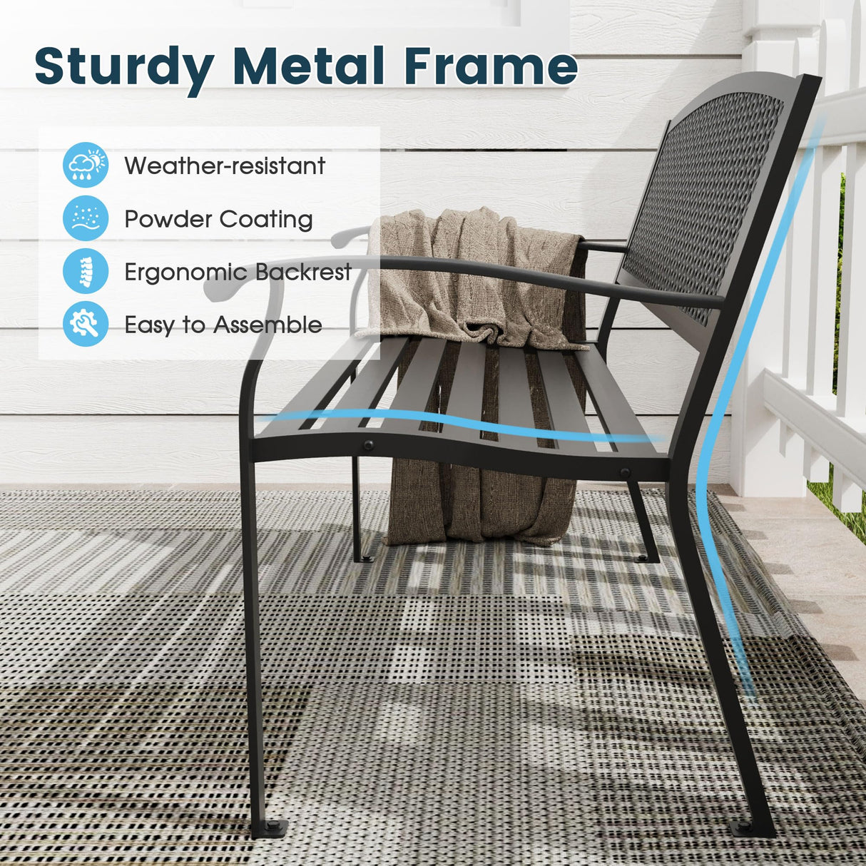 VOXBIN Outdoor Bench, 50 inches Metal Garden Bench, Cast Iron Steel Frame Patio Chairs w/Oval Pattern Backrest for Park, Yard, Porch, Lawn, Balcony, Backyard, Black VOXBIN