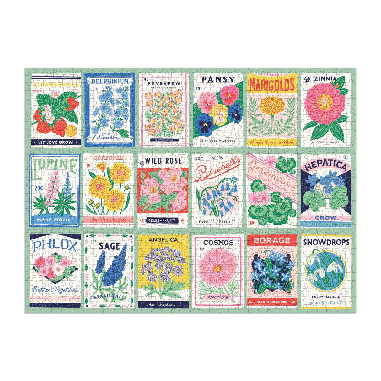 Galison Ever Upward – 1000 Piece Puzzle Fun and Challenging Activity with Bright and Bold Artwork of Vintage Style Flower Seed Packets for Adults and Families Galison
