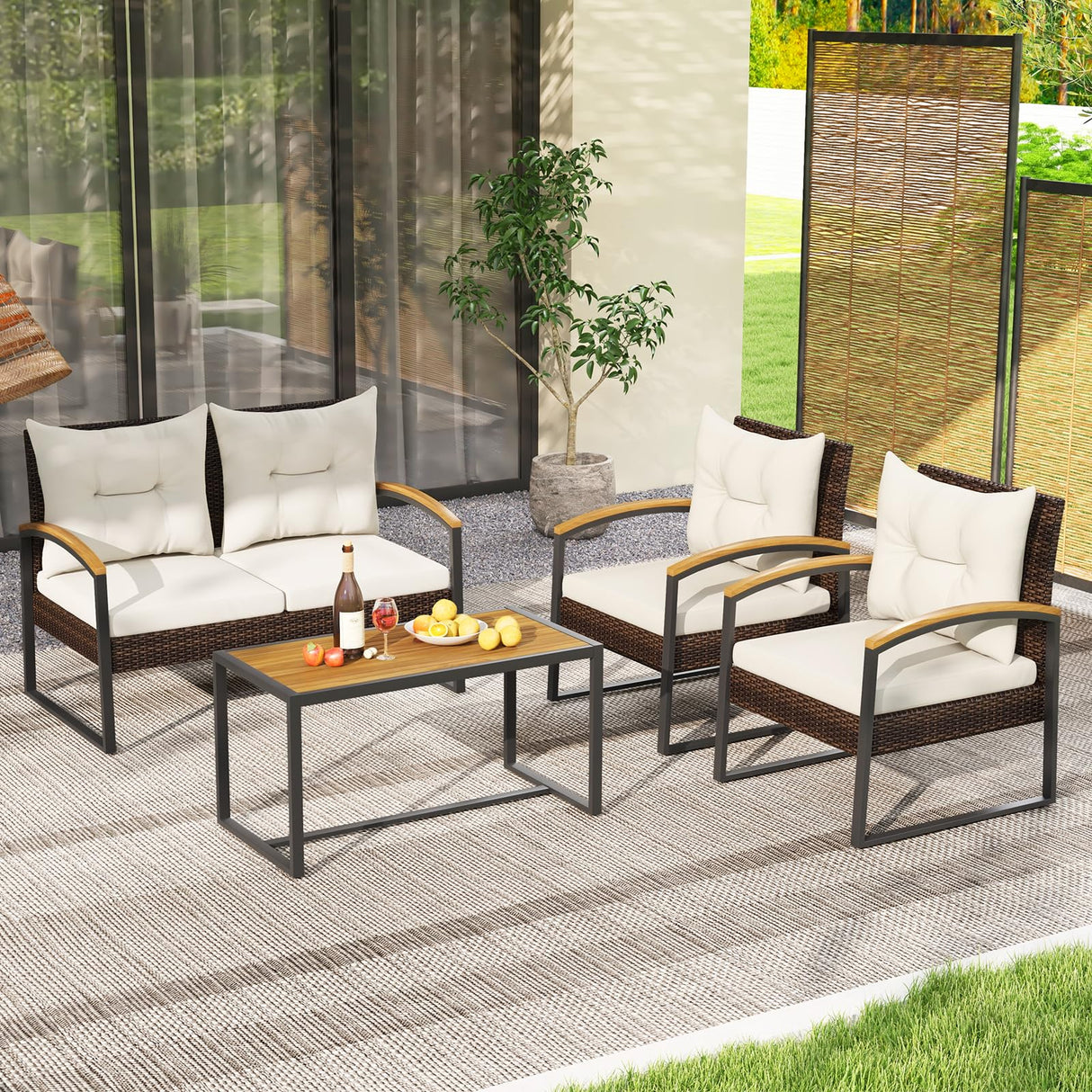 Tangkula 4 Piece Patio Conversation Set, with Heavy Duty Solid Acacia Wood Armrests & Tabletop, Outdoor Cushioned Wicker Furniture Set for Backyard, Poolside, Lawn, Blacony (1, Off White) Tangkula