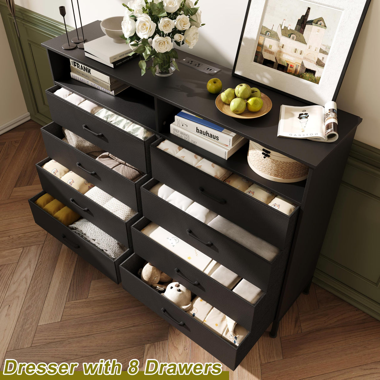 SOOWERY Black Dresser for Bedroom Led Bedroom Dresser with Charging Station, Tall Dresser with 8 Fabric Chest of Drawers, Dresser for Kids Room, TV Stand for up to 60" TV for Living Room SOOWERY