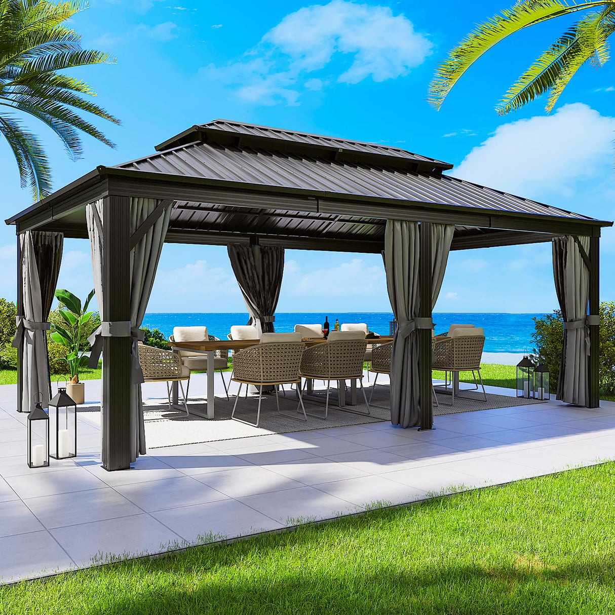 Jolydale Hardtop Gazebo 12 X 20FT, Galvanized Steel Dual-Layer Top, Aluminum Metal Gazebo with Netting and Curtains, Permanent Gazebo Pavilion for Party, Outdoor Dining Jolydale