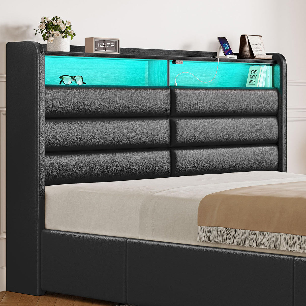 Seventable Queen Size Bed Frame with 4 Storage Drawers & Charging Station, Upholstered Platform Bed with Storage Headboard and LED Light, No Box Spring Needed, Noise Free, Easy Assembly, Black Seventable