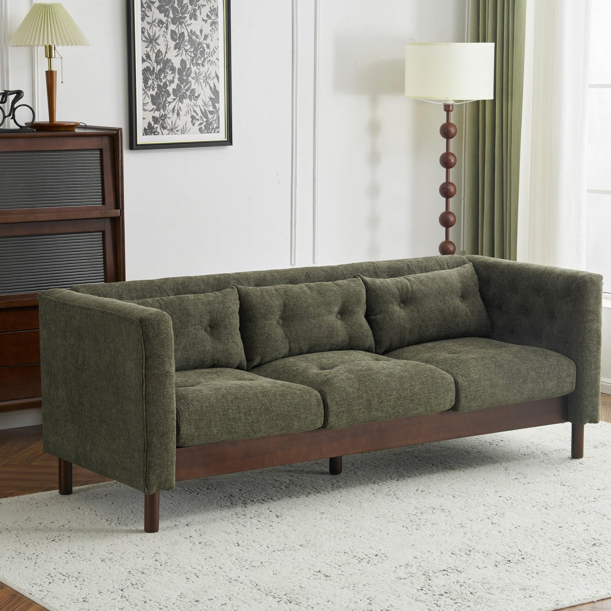 Christopher Knight Home Marloo 3 Seater Sofa Couch, Upholstered Couch, Linen-Like Tufted Back Sofa with Arm Rest, Rubberwood Legs, 78" Spacious Seating for Living Room Home Rest, Dark Green Christopher Knight Home