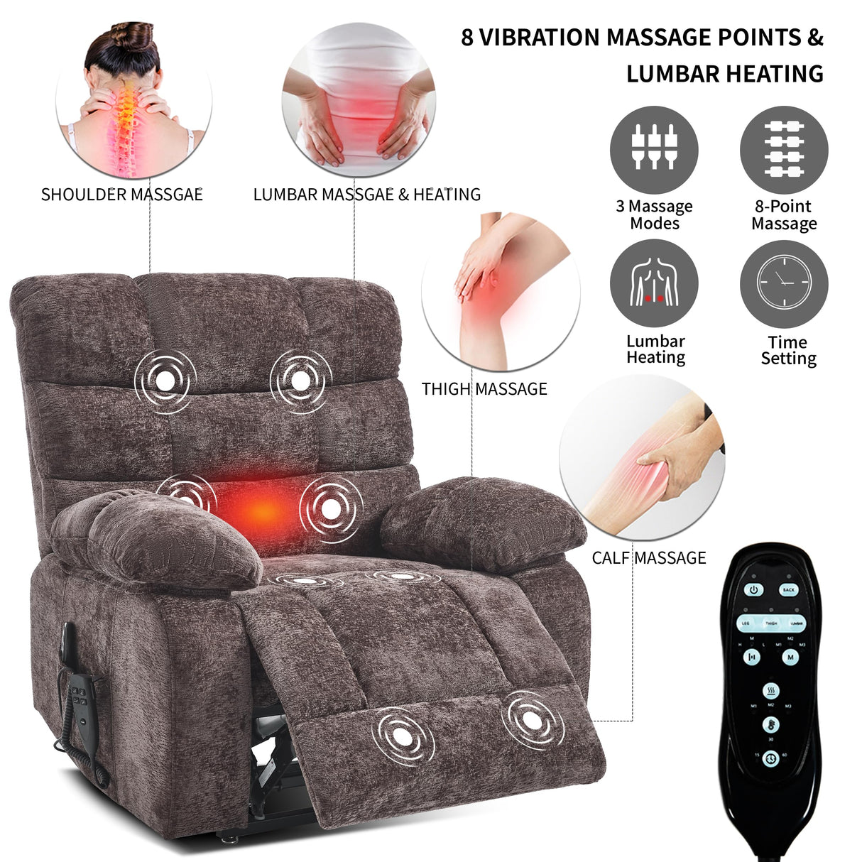EZZUP Lay Flat Recliner with Vibration Massage and Lumbar Heating, 26" Wide Recliner with Infinite Position and 2 Remote Controls, Soft Chenille Lift Chair for Living Room, Chocolate EZZUP